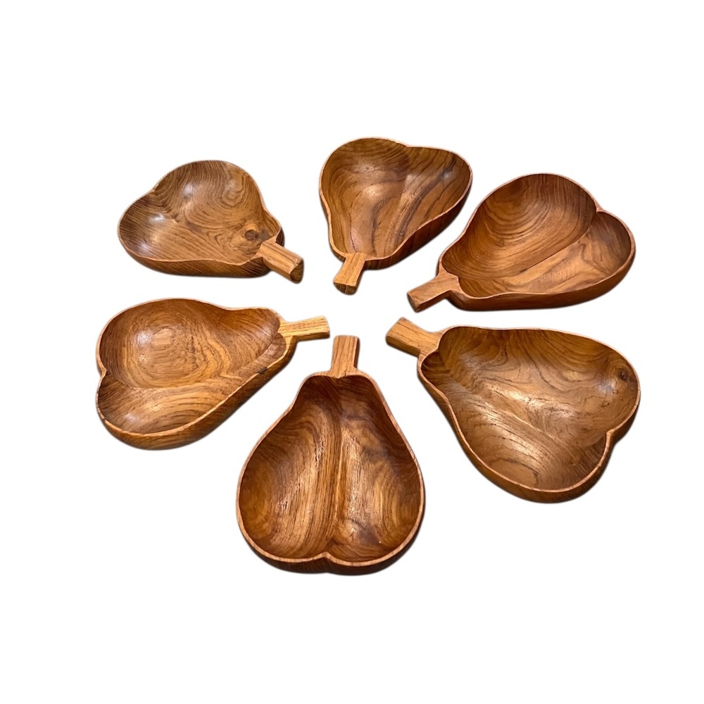 Set of 6 Vintage Handcrafted Pear Shape Teak‎ Wood Carved Salad Bowls,